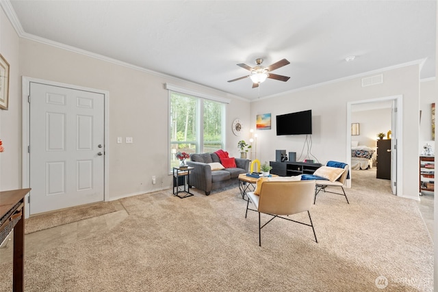20318 E 67th Ave E, Spanaway, WA 98387 - carpeted living room featuring a ceiling fan, ornamental molding, and baseboards