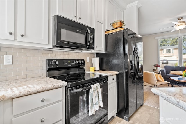 20318 E 67th Ave E, Spanaway, WA 98387 - kitchen featuring black appliances, white cabinets, a ceiling fan, ornamental molding, and tasteful backsplash