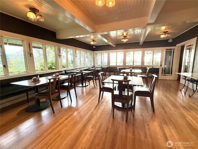 2579 W Shore Dr, Lummi Island, WA 98262 - dining area featuring light wood-type flooring and beam ceiling