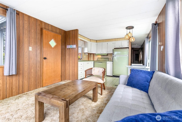 5142 Seaview Dr, Blaine, WA 98230 - living room featuring light carpet, wooden walls, and washer and clothes dryer