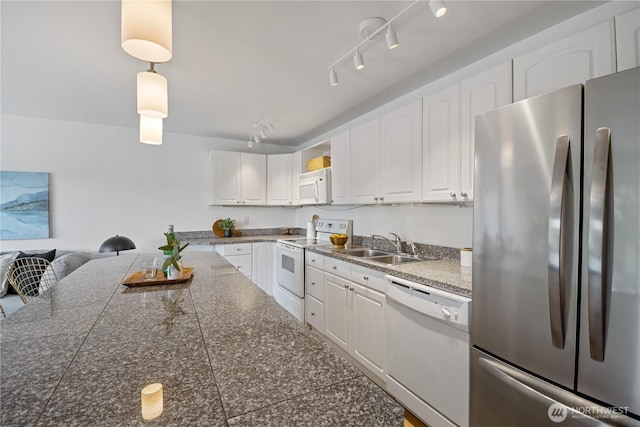 2524 Boyer Ave E Unit 108, Seattle, WA 98102 - kitchen with white appliances, tile counters, white cabinetry, a sink, and pendant lighting
