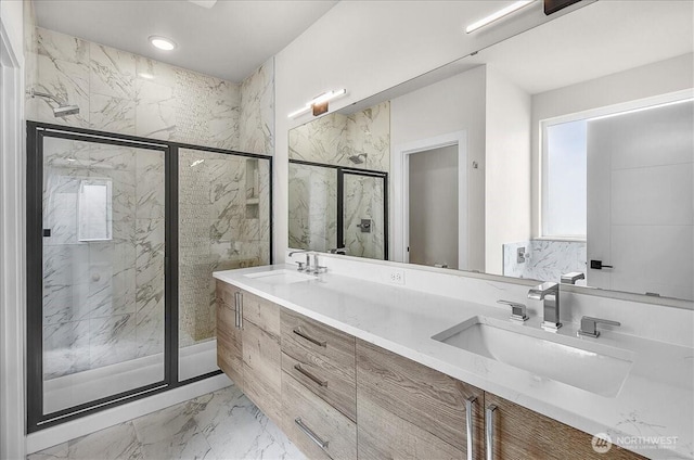 8922 NE 173rd Pl Unit A, Bothell, WA 98011 - full bath featuring marble look tiles, a marble finish shower, and double vanity