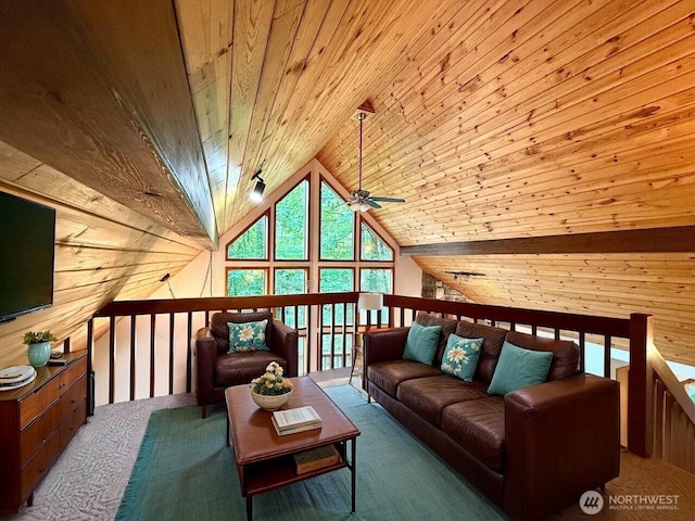 10802 NE 27th Ct, Vancouver, WA 98686 - carpeted living room featuring ceiling fan, wooden ceiling, vaulted ceiling, and wooden walls