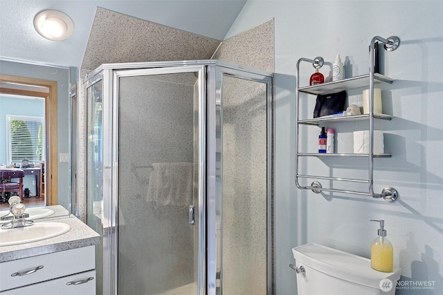 26005 225th Ct SE, Maple Valley, WA 98038 - bathroom featuring vanity, a shower stall, vaulted ceiling, and toilet