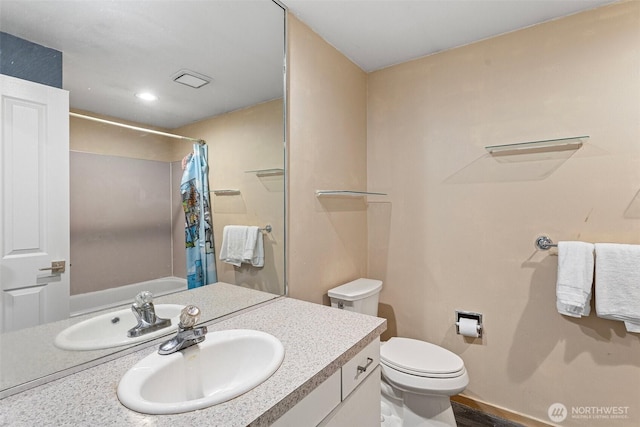26005 225th Ct SE, Maple Valley, WA 98038 - bathroom featuring vanity, toilet, recessed lighting, and shower / tub combo with curtain