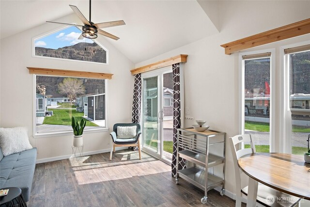 8818 Crescent Bar Rd NW Unit 46, Quincy, WA 98848 - living area with ceiling fan, lofted ceiling, wood finished floors, and healthy amount of natural light