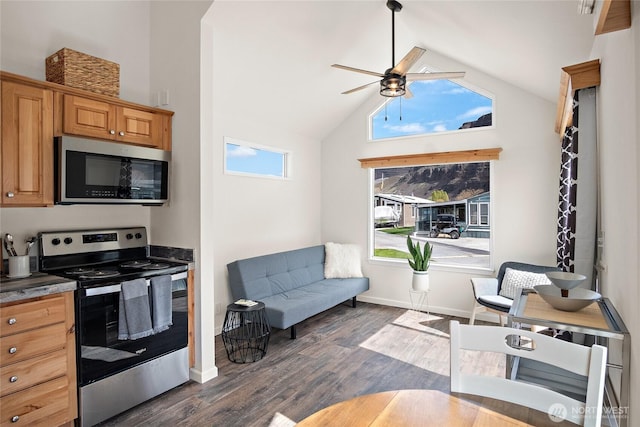 8818 Crescent Bar Rd NW Unit 46, Quincy, WA 98848 - kitchen with stainless steel appliances, ceiling fan, dark wood-style flooring, high vaulted ceiling, and dark countertops