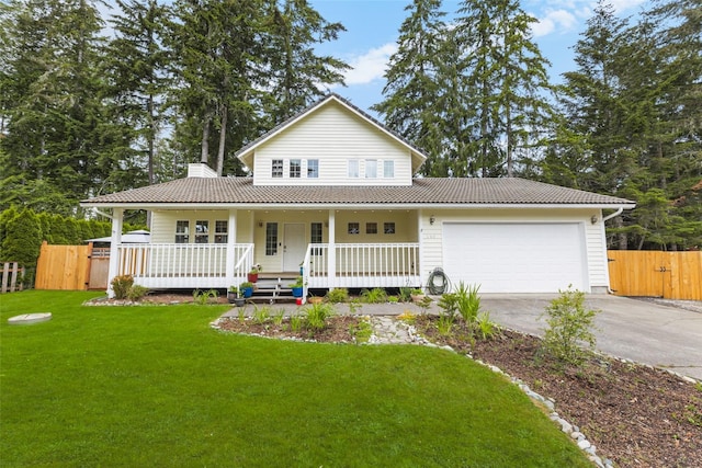 140 E Mountain View Dr, Allyn, WA 98524 - farmhouse with concrete driveway, a porch, a garage, and a tile roof