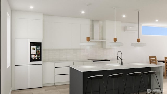 1223 N 48th St, Seattle, WA 98103 - kitchen with modern cabinets, white cabinetry, tasteful backsplash, and recessed lighting