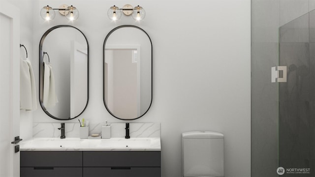 1223 N 48th St, Seattle, WA 98103 - bathroom with double vanity, toilet, and a shower with shower door
