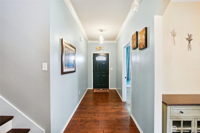2529 10th Ct SE, Olympia, WA 98501 - doorway to outside with ornamental molding, dark wood finished floors, baseboards, and stairway