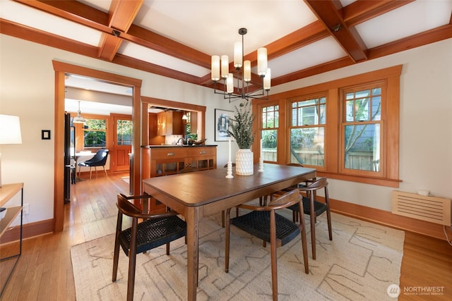 528 N 83rd St, Seattle, WA 98103 - dining room featuring coffered ceiling, a chandelier, light wood-style flooring, beam ceiling, and baseboards