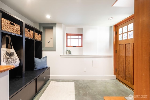 528 N 83rd St, Seattle, WA 98103 - mudroom with baseboards, concrete flooring, and recessed lighting