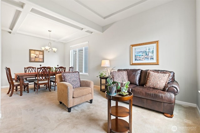 3808 Wildspitz St SE, Lacey, WA 98503 - living area with a chandelier, beam ceiling, baseboards, and light colored carpet