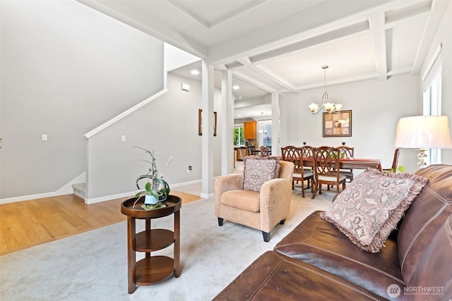 3808 Wildspitz St SE, Lacey, WA 98503 - living area featuring stairs, beamed ceiling, coffered ceiling, recessed lighting, and baseboards