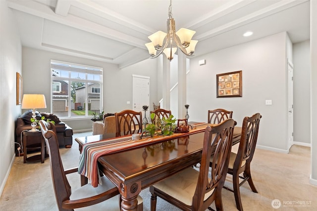 3808 Wildspitz St SE, Lacey, WA 98503 - dining room featuring beamed ceiling, light colored carpet, a chandelier, baseboards, and recessed lighting