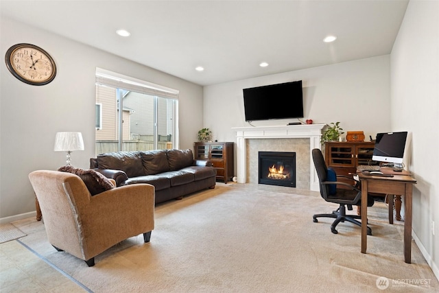 3808 Wildspitz St SE, Lacey, WA 98503 - living room featuring light carpet, a fireplace, recessed lighting, and an office area