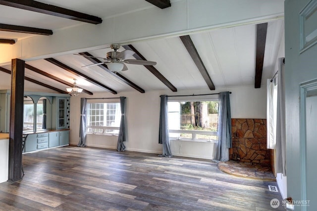 7300 V Pl, Long Beach, WA 98631 - unfurnished living room featuring wood finished floors, a ceiling fan, a chandelier, and baseboards