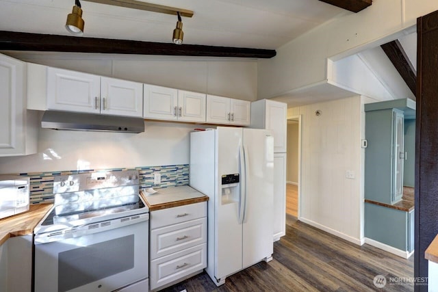 7300 V Pl, Long Beach, WA 98631 - kitchen featuring white appliances, under cabinet range hood, dark wood finished floors, and white cabinetry