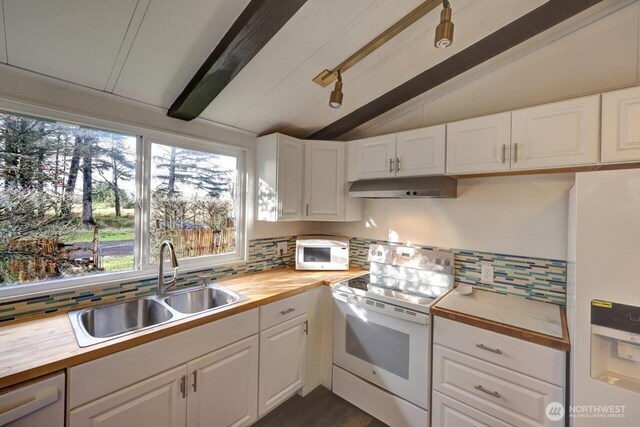 7300 V Pl, Long Beach, WA 98631 - kitchen with white appliances, wooden counters, under cabinet range hood, a sink, and tasteful backsplash