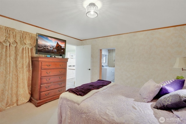 284 Division Ave, Morton, WA 98356 - bedroom with washer / dryer, light carpet, crown molding, and ensuite bath