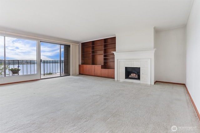 8005 Sand Point Way NE Unit A45, Seattle, WA 98115 - unfurnished living room featuring light carpet, a fireplace, baseboards, and built in features