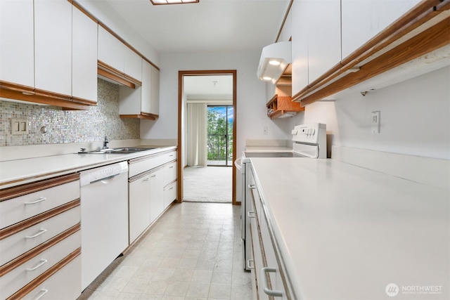 8005 Sand Point Way NE Unit A45, Seattle, WA 98115 - kitchen featuring white appliances, white cabinetry, light countertops, and decorative backsplash