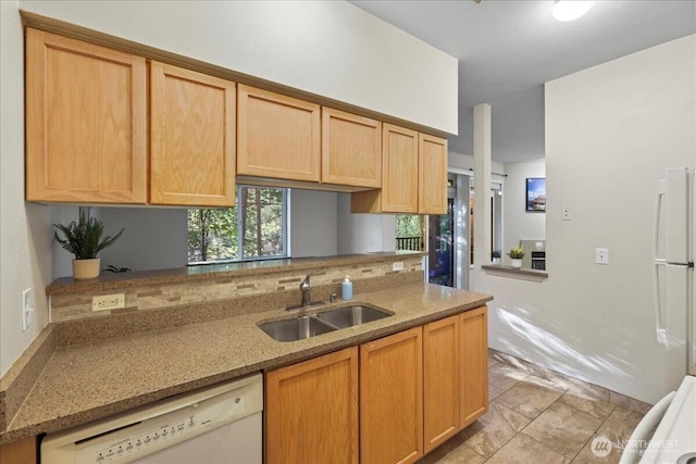 18930 Bothell Everett Hwy Unit V201, Bothell, WA 98012 - kitchen featuring a sink, white appliances, light stone countertops, decorative backsplash, and light brown cabinets