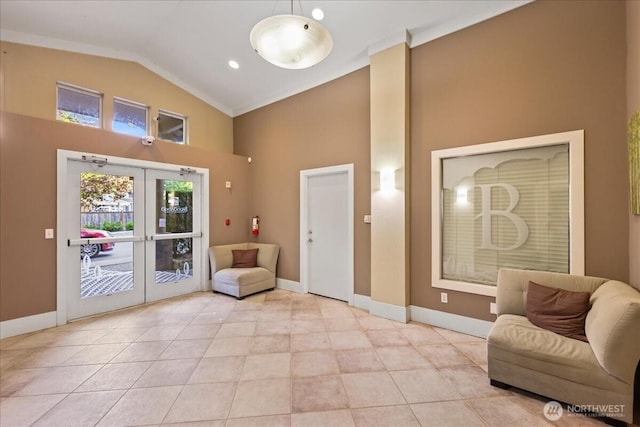 18930 Bothell Everett Hwy Unit V201, Bothell, WA 98012 - foyer with high vaulted ceiling, french doors, baseboards, and light tile patterned floors