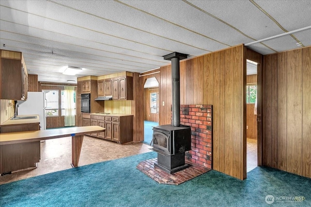 315 Washington St, Pe Ell, WA 98572 - kitchen with oven, wood walls, a wood stove, under cabinet range hood, and light carpet