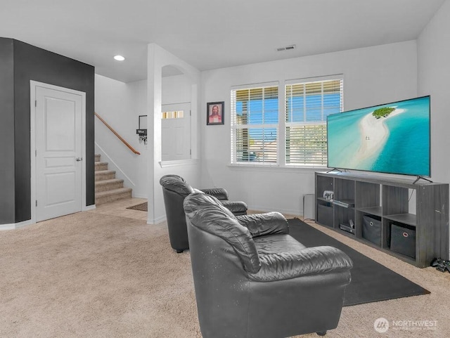 530 N Kentucky Dr, Moses Lake, WA 98837 - living area with carpet flooring, stairway, baseboards, and recessed lighting