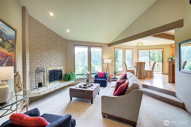 9430 Hoeder Ln, Bothell, WA 98011 - living room featuring light carpet, a fireplace, high vaulted ceiling, and recessed lighting
