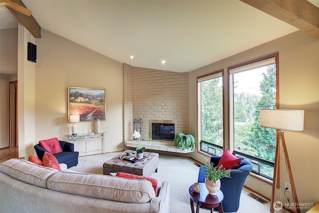 9430 Hoeder Ln, Bothell, WA 98011 - carpeted living room featuring a brick fireplace, recessed lighting, and baseboards