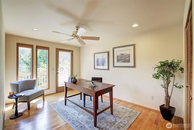 9430 Hoeder Ln, Bothell, WA 98011 - office with a ceiling fan, light wood-style floors, recessed lighting, and baseboards