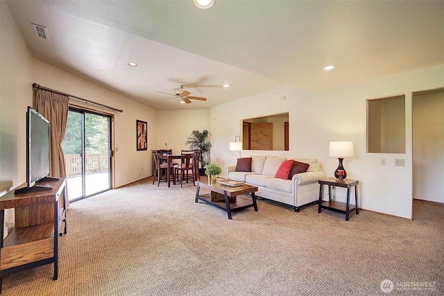 9430 Hoeder Ln, Bothell, WA 98011 - living area with light carpet, recessed lighting, ceiling fan, and baseboards