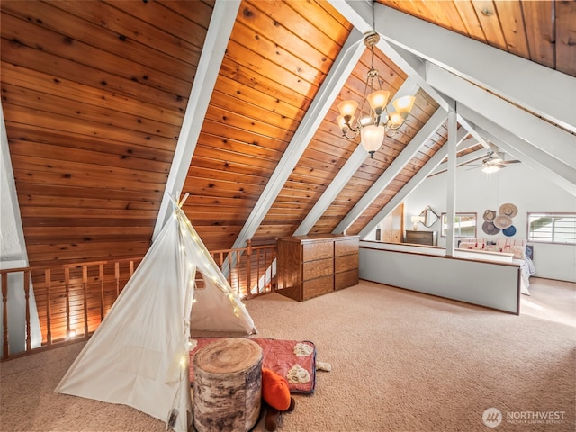 271 E Ballantrae Dr, Shelton, WA 98584 - unfurnished bedroom featuring carpet, vaulted ceiling, wooden ceiling, and a chandelier