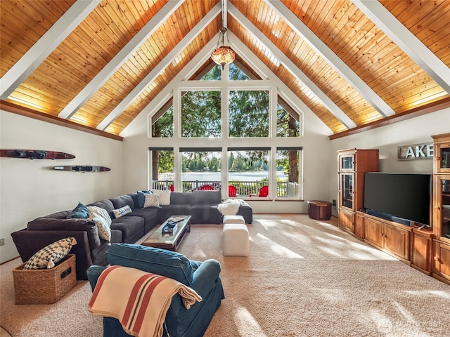 271 E Ballantrae Dr, Shelton, WA 98584 - living area with wood ceiling with exposed beams, plenty of natural light, high vaulted ceiling, and carpet flooring