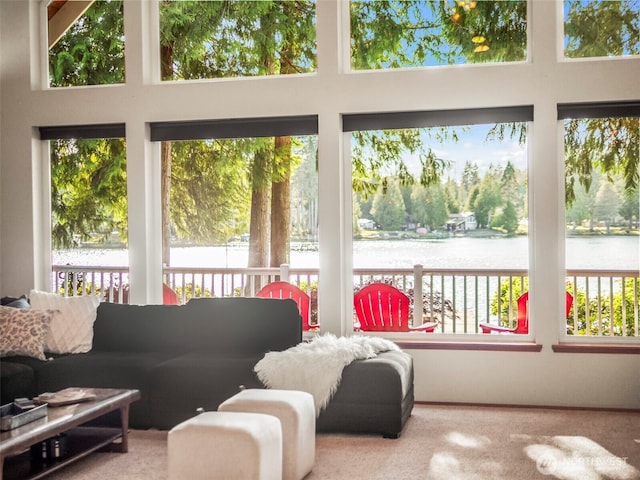 271 E Ballantrae Dr, Shelton, WA 98584 - sunroom / solarium with a water view, plenty of natural light, a towering ceiling, and carpet flooring