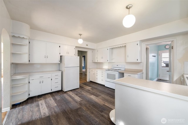 2830 Elm St, Bellingham, WA 98225 - kitchen featuring white appliances, open shelves, white cabinets, and dark wood finished floors