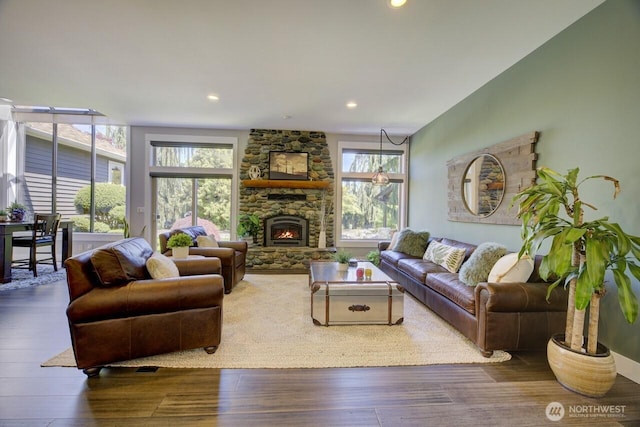 11504 128th Dr NE, Lake Stevens, WA 98258 - living room with wood finished floors, a fireplace, and recessed lighting