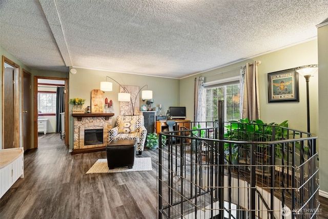 4224 N Brooks Rd, Medical Lake, WA 99022 - living area featuring healthy amount of natural light, a textured ceiling, wood finished floors, ornamental molding, and a stone fireplace