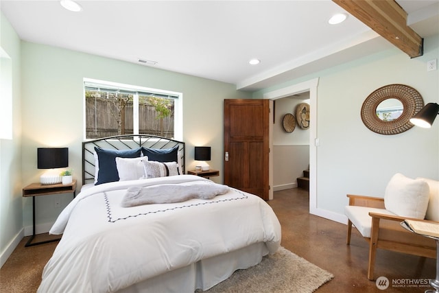 3929 SW Elmgrove St, Seattle, WA 98136 - bedroom featuring concrete flooring, baseboards, recessed lighting, and beam ceiling