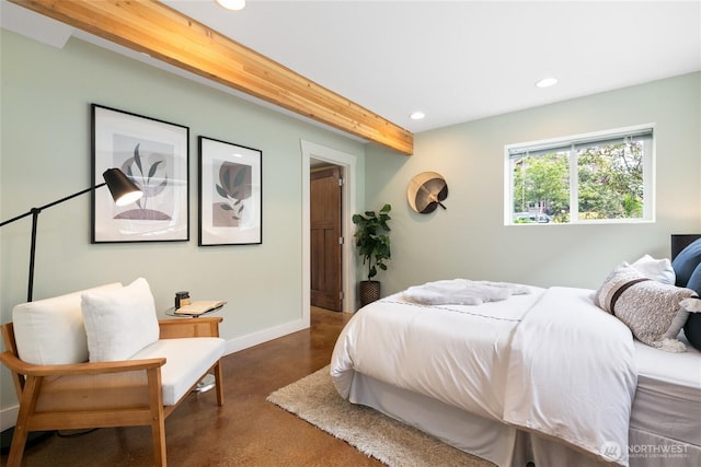 3929 SW Elmgrove St, Seattle, WA 98136 - bedroom with recessed lighting, finished concrete flooring, baseboards, and beam ceiling