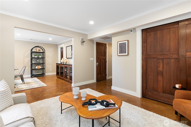 3929 SW Elmgrove St, Seattle, WA 98136 - living area featuring recessed lighting, baseboards, crown molding, and finished concrete flooring