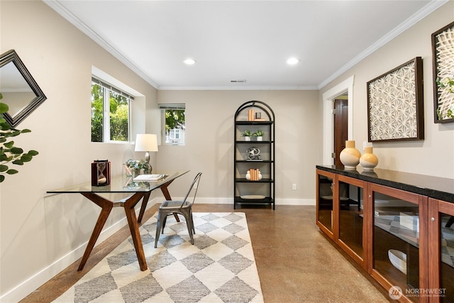 3929 SW Elmgrove St, Seattle, WA 98136 - office area with baseboards, ornamental molding, recessed lighting, and concrete floors