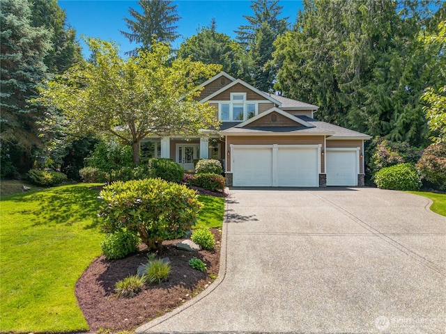 13302 53rd Ave NW, Gig Harbor, WA 98332 - craftsman inspired home with a garage, stone siding, a front lawn, and driveway
