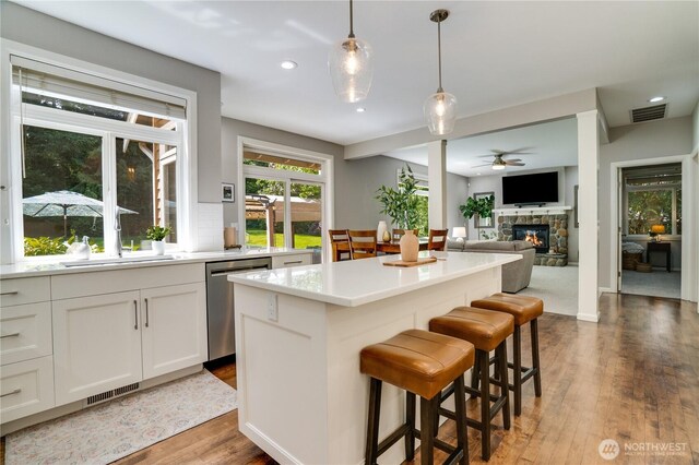 13302 53rd Ave NW, Gig Harbor, WA 98332 - kitchen with stainless steel dishwasher, a sink, a ceiling fan, a fireplace, and hardwood / wood-style floors