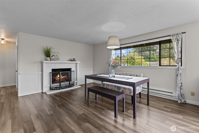 5003 219th St SW, Mountlake Terrace, WA 98043 - dining space featuring a baseboard heating unit, wood finished floors, a fireplace, and baseboards