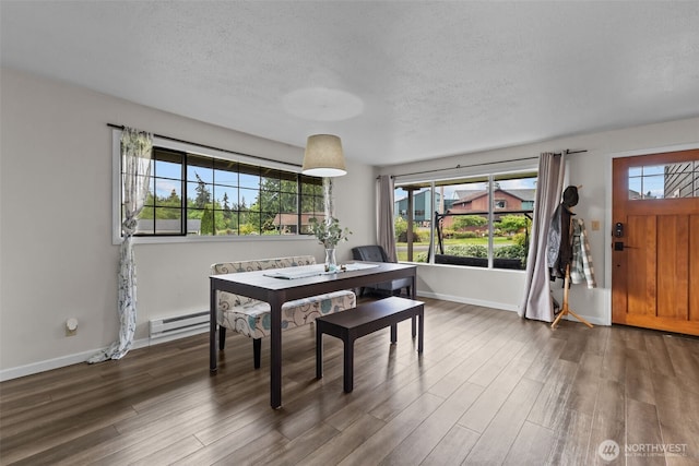 5003 219th St SW, Mountlake Terrace, WA 98043 - dining area featuring a baseboard heating unit, healthy amount of natural light, wood finished floors, and a textured ceiling