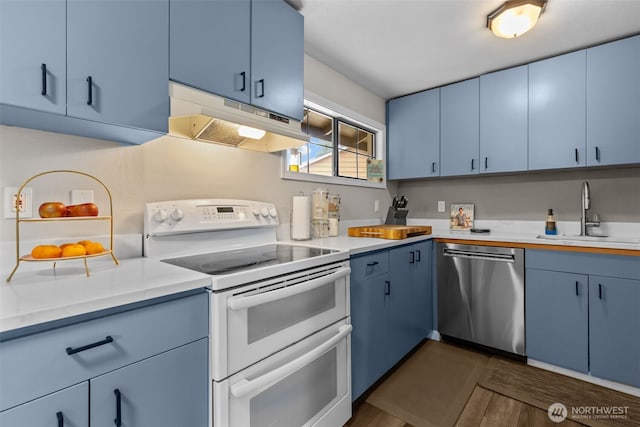 5003 219th St SW, Mountlake Terrace, WA 98043 - kitchen featuring range with two ovens, dishwasher, and blue cabinetry